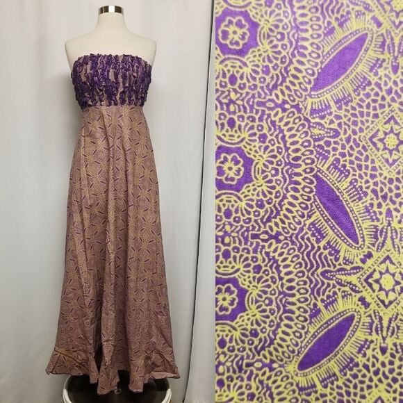 Vintage African Handmade Double Wax Block Strapless Maxi Dress Authentic Size 14 - Picture 1 of 10